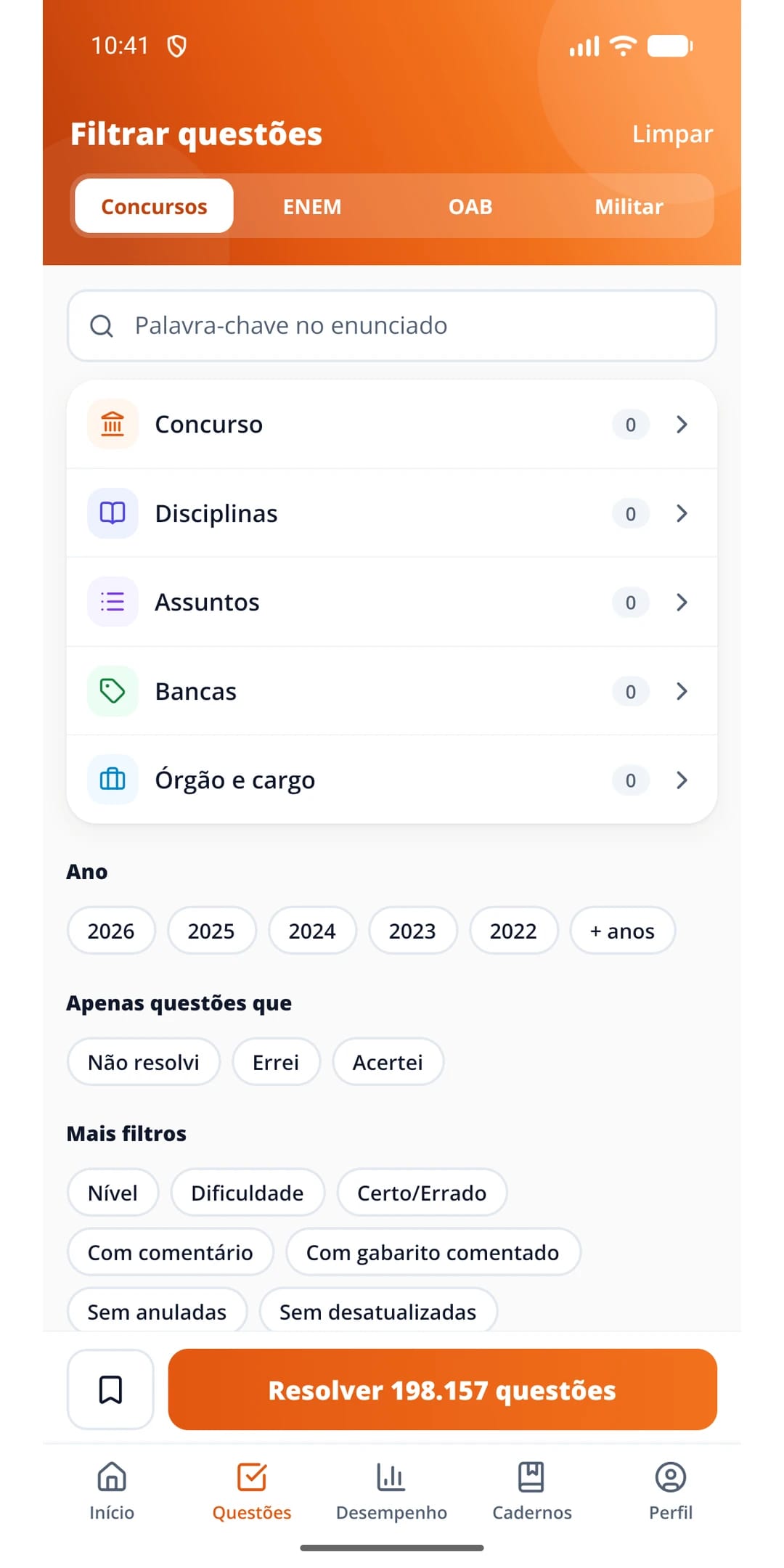 App Carreira Pública: filtros de questões de concursos, ENEM e OAB por banca, disciplina, assunto, órgão e cargo