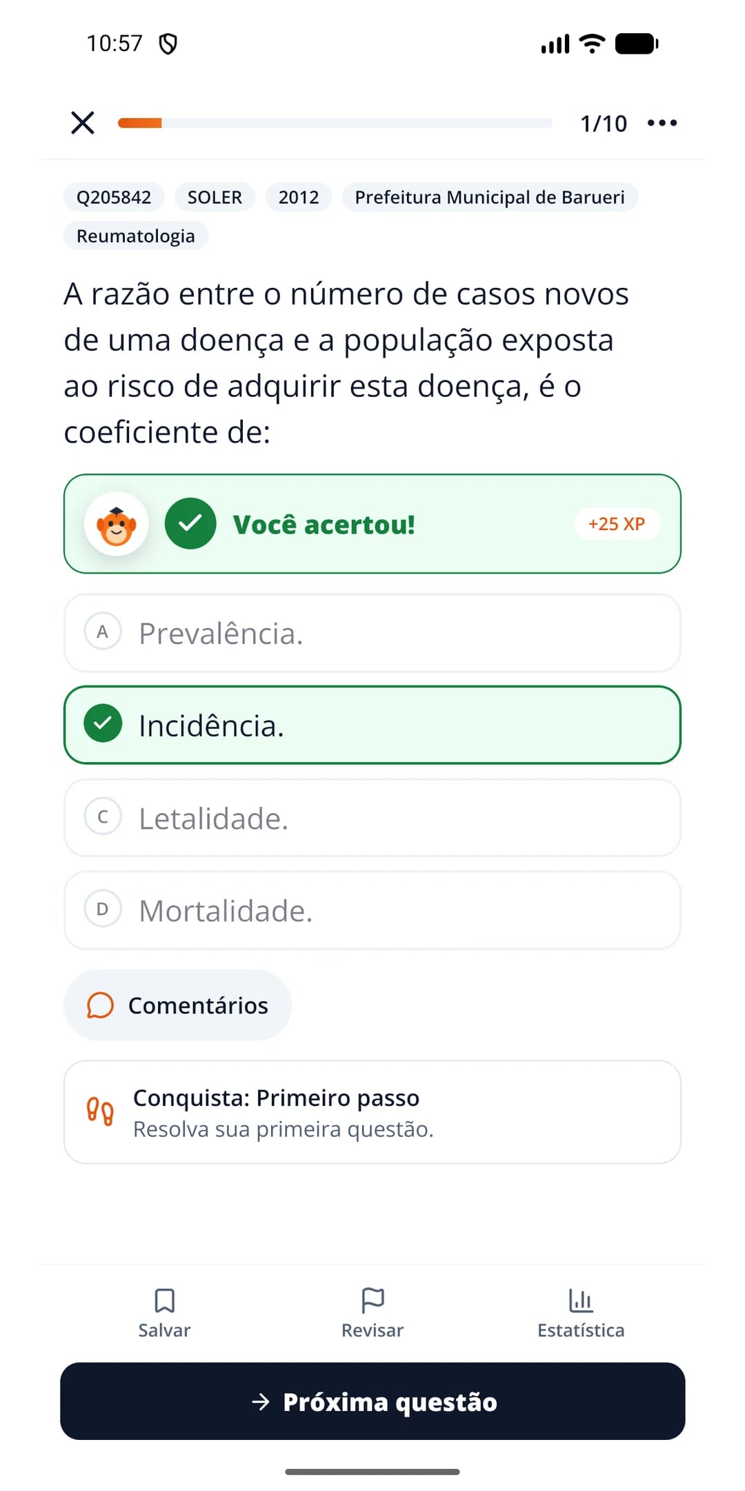 App Carreira Pública para Android: questão de concurso respondida com acerto, XP e comentários